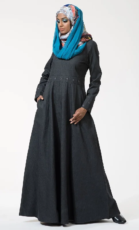 Cozy Vibes Metallic eyelets detail flared abaya dress