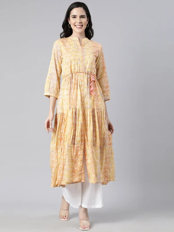 Stylish Comfort Neerus Yellow Straight Casual Floral Maxi Dresses