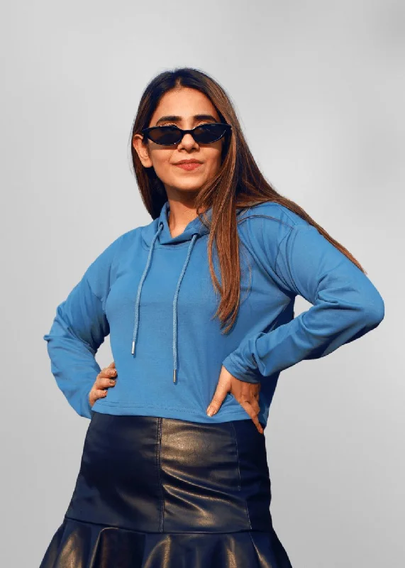 Easy Chic Denim Blue Women Cropped Solid Hoodie | Shop Now | Pronk