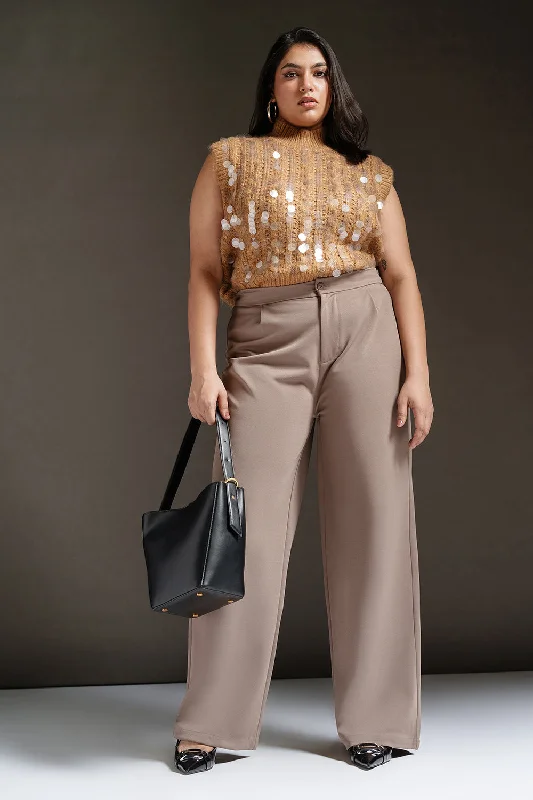 Sports Zipper Style Dark Taupe Curve Textured Korean Pants