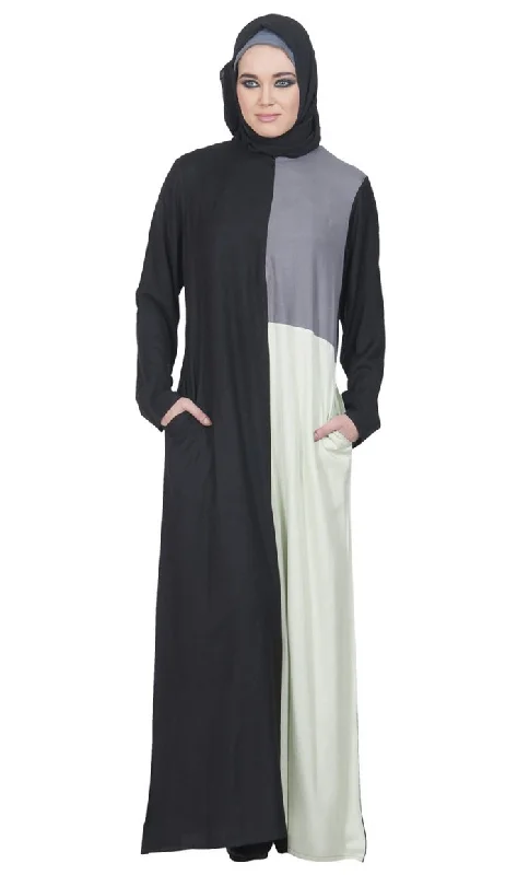 Stylish Wear Color Block Grey & Cream Accent Abaya