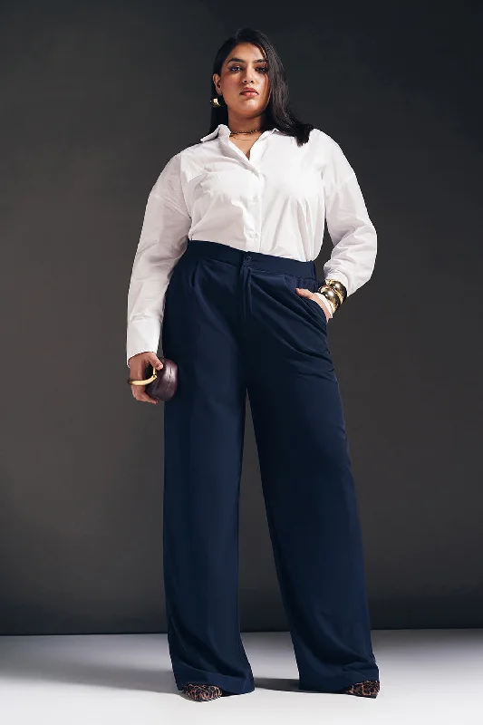 Elegant Wear Regal Navy Curve Pleated Straight Fit Korean Pants