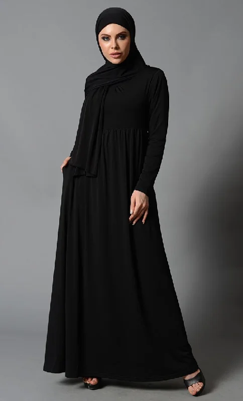 Lace Design Everyday Wear Gathered Neckline Casual Abaya Dress