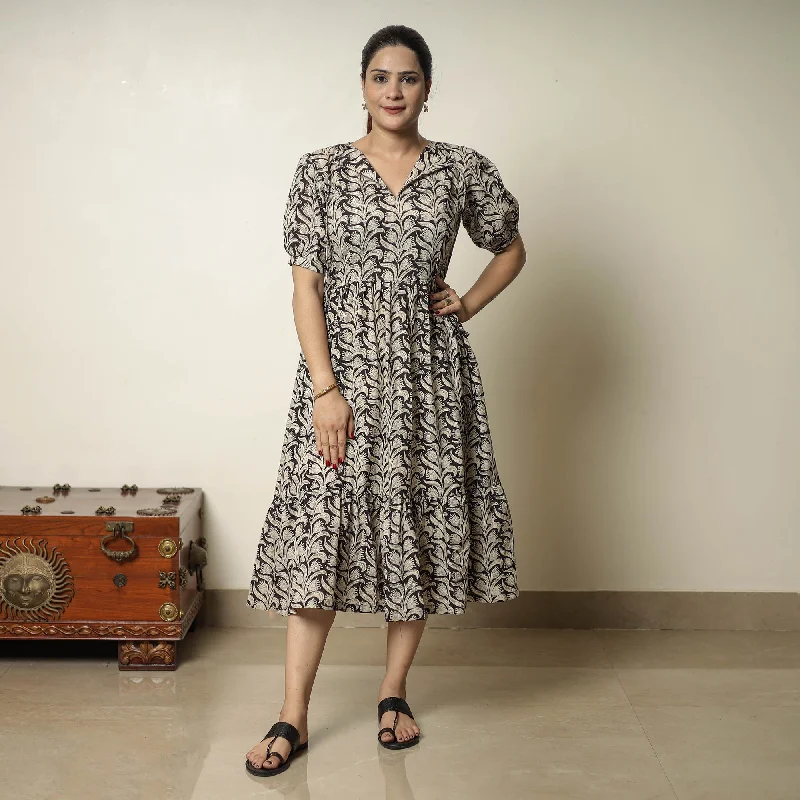 Noble And Elegant Beige - Bagru Block Printed Cotton Tiered Dress 14