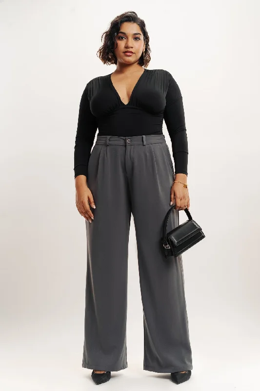 Everyday Style Grey Pleated Straight Fit Curve Korean Pant
