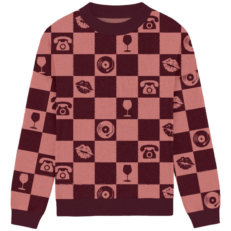 Elegant Tailoring Maroon Checkered Knit Crewneck