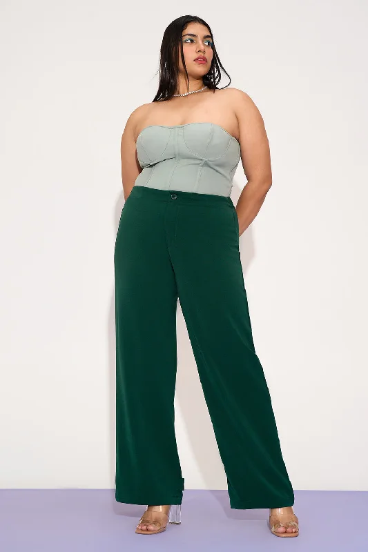 Fashionable and versatile Dark Jade Curve Adjustable Hem Korean Pants