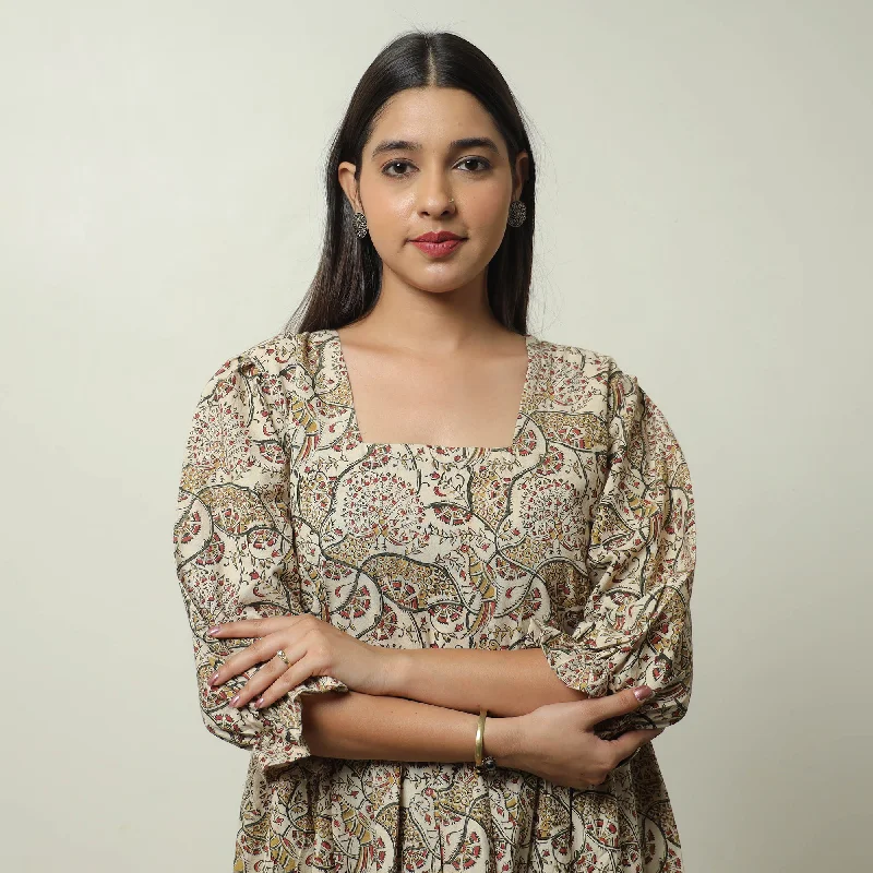 Street Fashion Style Beige - Pedana Kalamkari Block Printed Cotton Tiered Dress 06