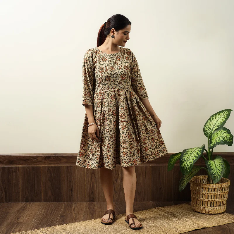 Cool Summer Beige - Kalamkari Block Printed Cotton Flared Gher Short Dress 08