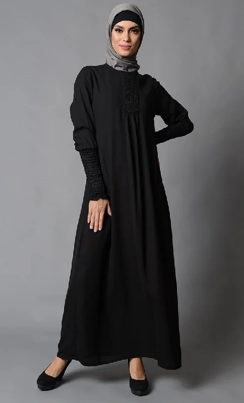 Basic Version Smocking Detail Sleeves And Neckline Abaya Dress