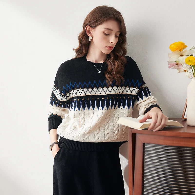 Cozy Fit Wear 100% Wool Nordic Pattern Cable Knit Sweater