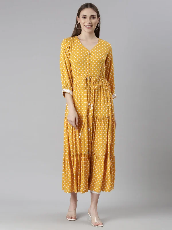 Noble Temperament Neeru's Mustard Straight Casual Polka Dots Dresses