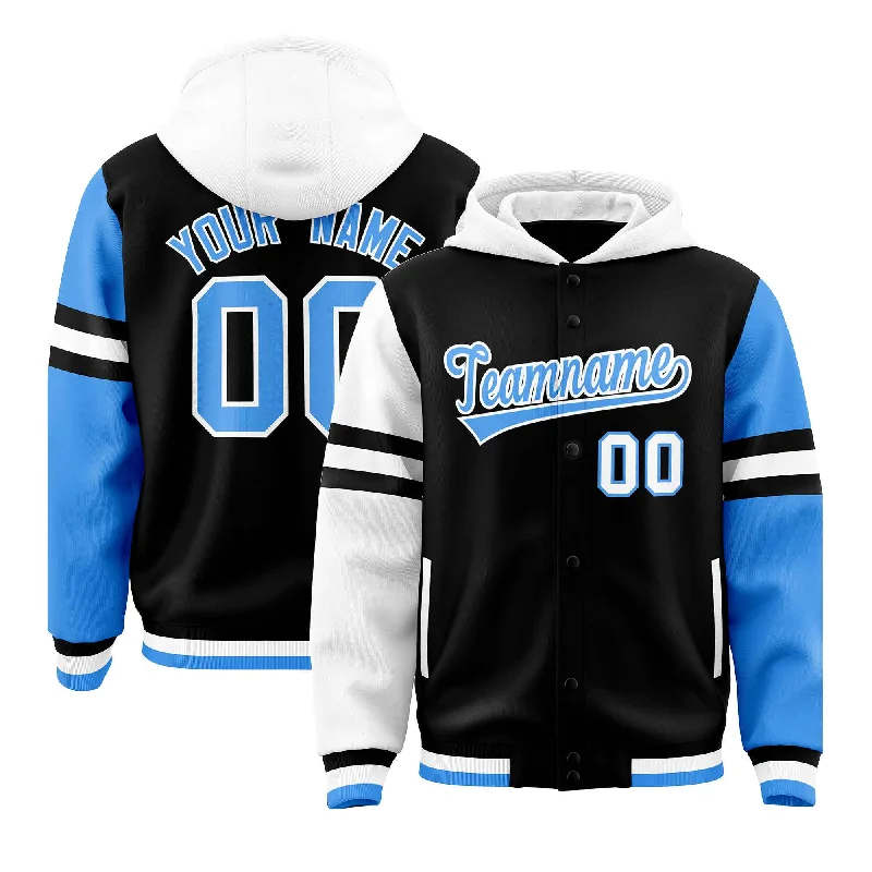 New Season Series Custom Black White-Powder Blue Raglan Sleeves Varsity Full-Snap Letterman Three Stripes Jacket Hoodie