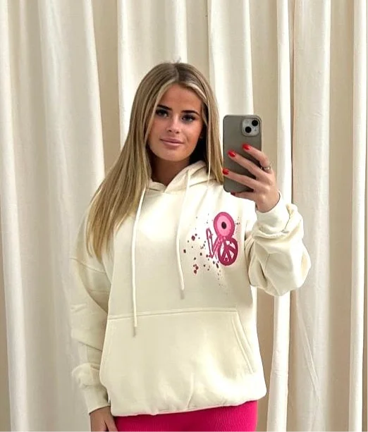 Age-reducing Style Pink Evil Eye, Peace, Heart Graffiti Hoodie Cream