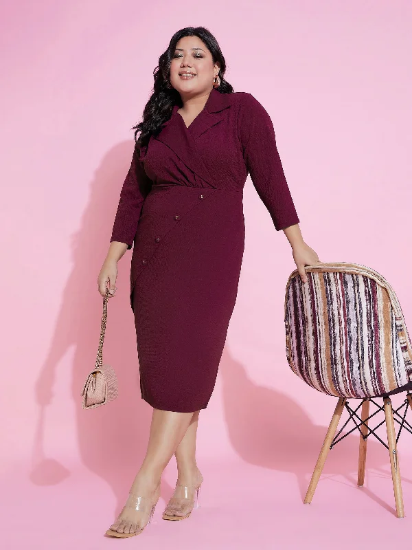 Mid-length Style Women Burgundy Wrap Blazer Dress