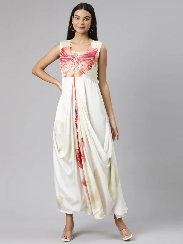Energetic Neeru's Off White Straight Casual Floral Dresses