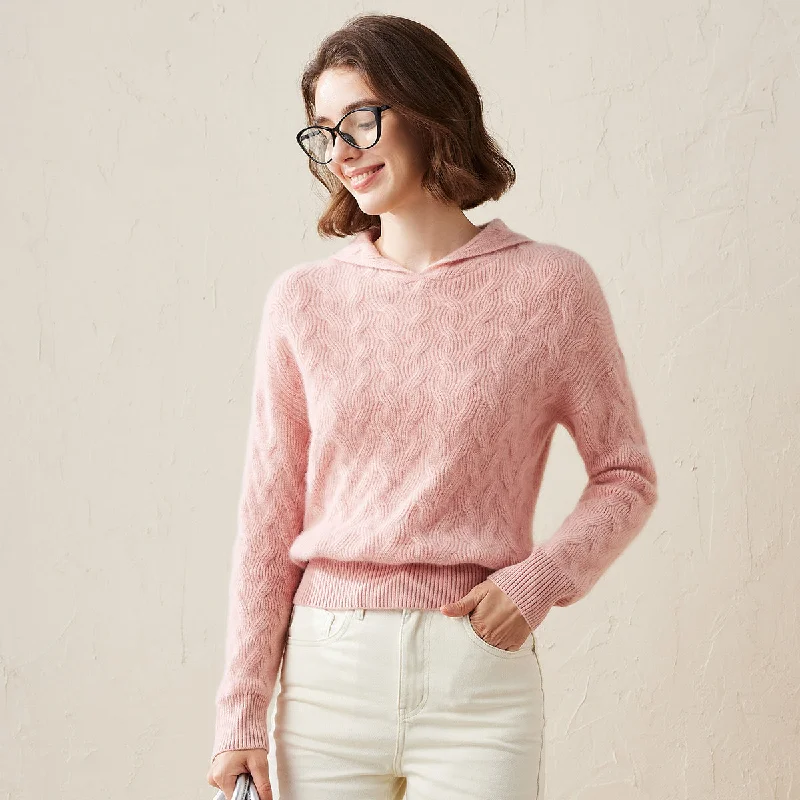 Design Trend 100% Cashmere Cable Knit Hooded Sweater