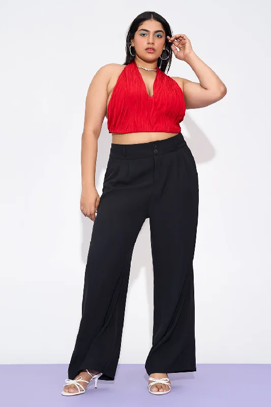 Trendy Casuals Starlet Black Curve Pleated Double Button Korean Pants
