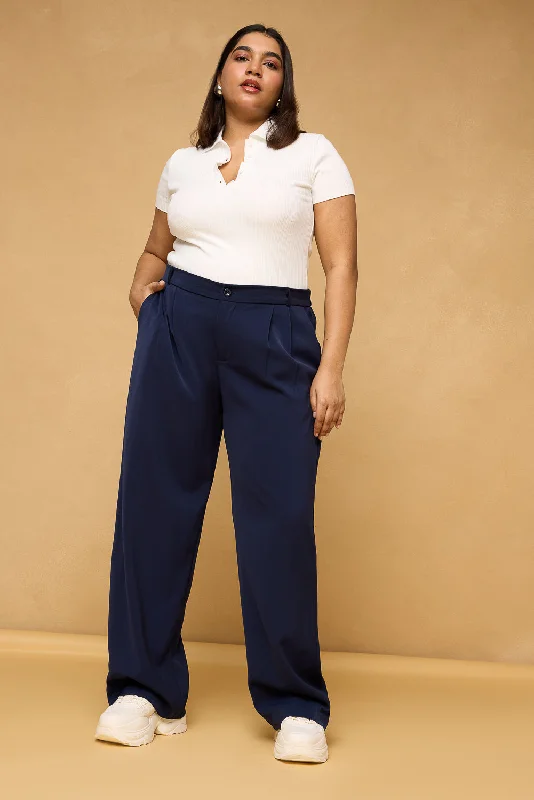 Fresh Wear Curve Navy Blue Pleated Korean Pants