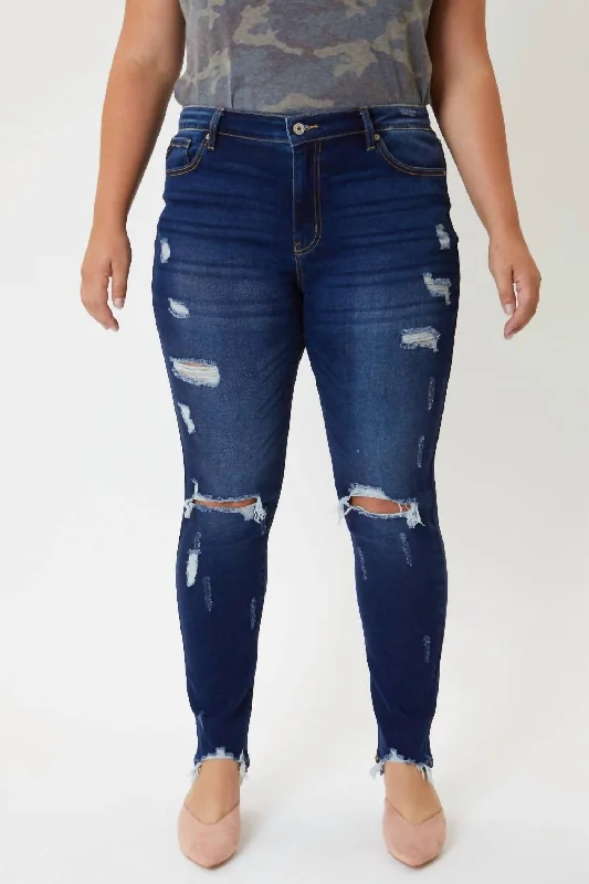 Soft Style Mid Rise Super Skinny Destructed Jeans In Dark Wash