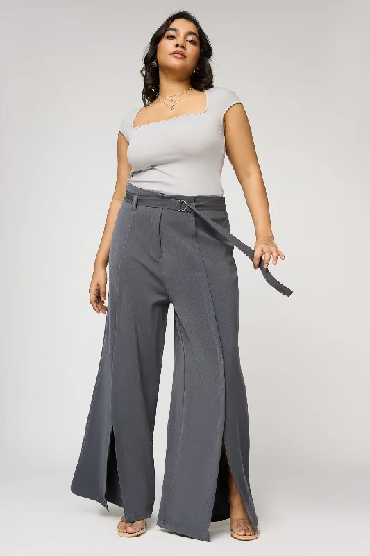 Soft Fabrics Dove Grey Curve Belted Flared Korean Pants