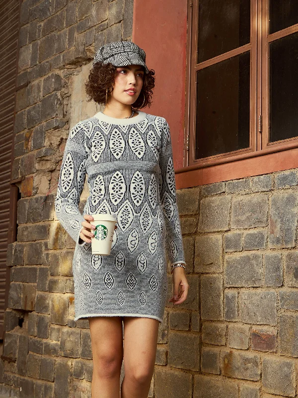 Weekend Style Women Grey & Black Geo Woolen Sweater Dress