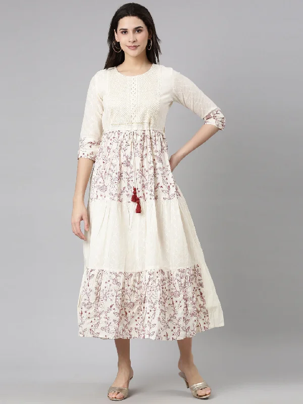 Warm Comfort Neerus Cream Flounce Casual Floral Fit and Flare Dresses