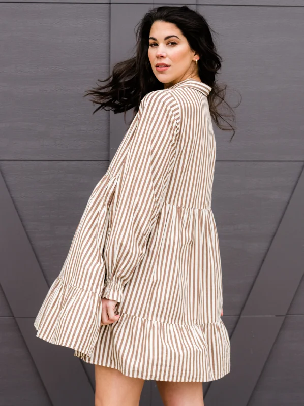 Sports Style Aleesha Tiered Mini Shirtdress - Brown Cabana Stripe