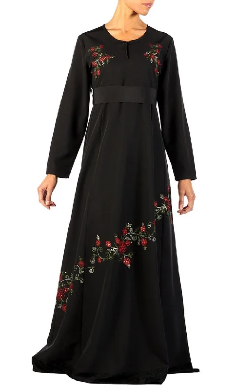 Cozy Outerwear Floral embroidered and lace panel flared abaya dress