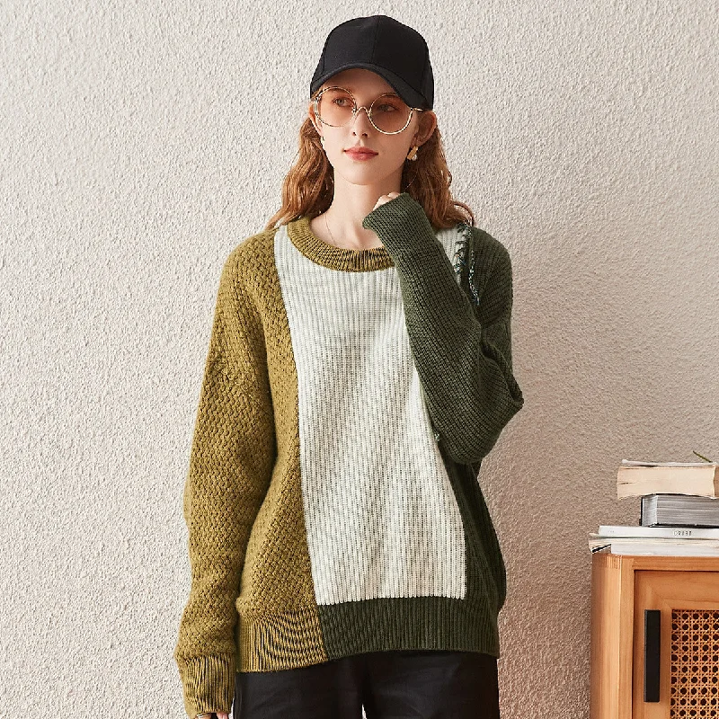 Simple Style 100% Cashmere Color Block Oversized Knit Sweater