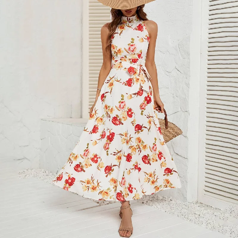 Easy Style Belt-up dress with high neck and waist_CWDMD1823