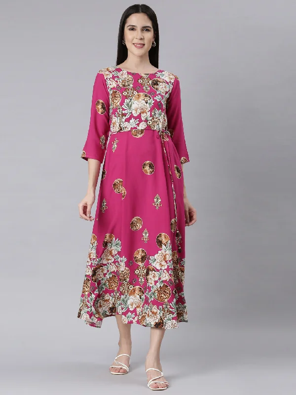 Goddess Style Neerus Magenta Curved Casual Floral Maxi Dresses
