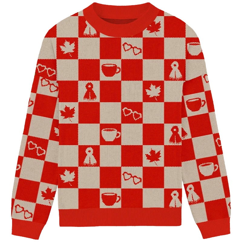 Fashionable Prints Red Checkered Knit Crewneck