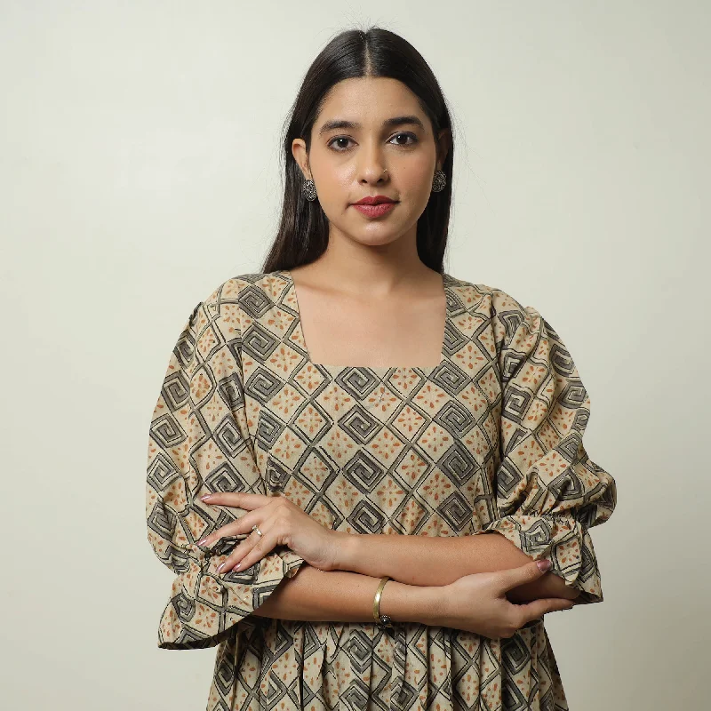 Fun and cute Beige - Kalamkari Block Printed Cotton Tiered Dress 08