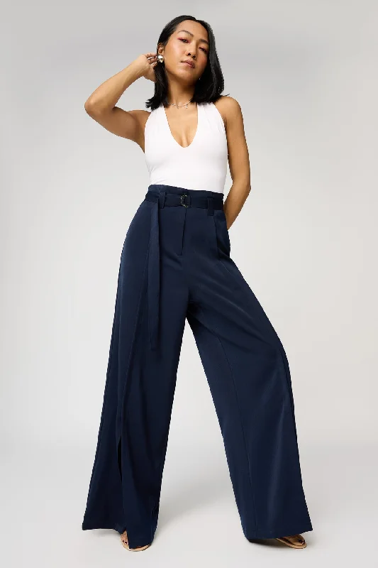 Retro Literary Style Celestial Navy Belted Flared Korean Pants