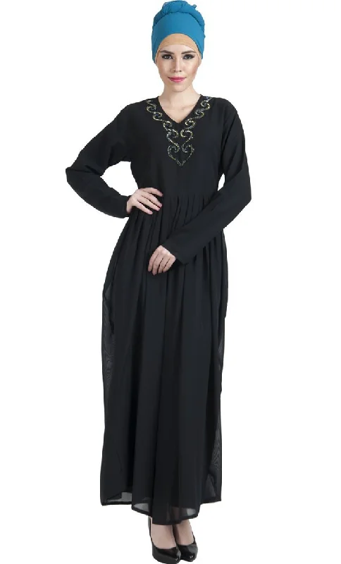 Elegant Wear Sequins embroidered detail double layered and flared abaya dress