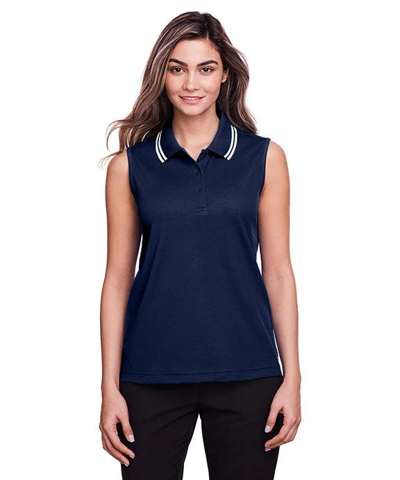 Classic Retro DG20SW - Devon & Jones CrownLux Performance® Ladies Plaited Tipped Sleeveless Polo Shirt | Navy/White