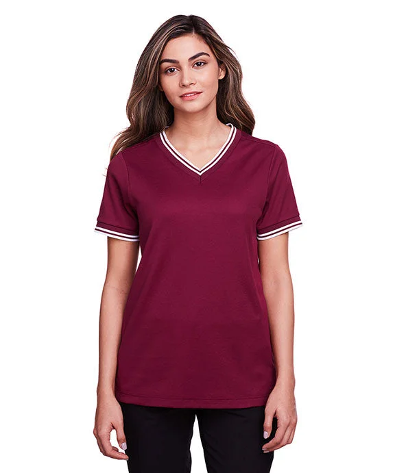 Fresh And Capable DG20CW - Devon & Jones CrownLux Performance® Ladies Plaited Tipped V-Neck Top | Burgundy/White
