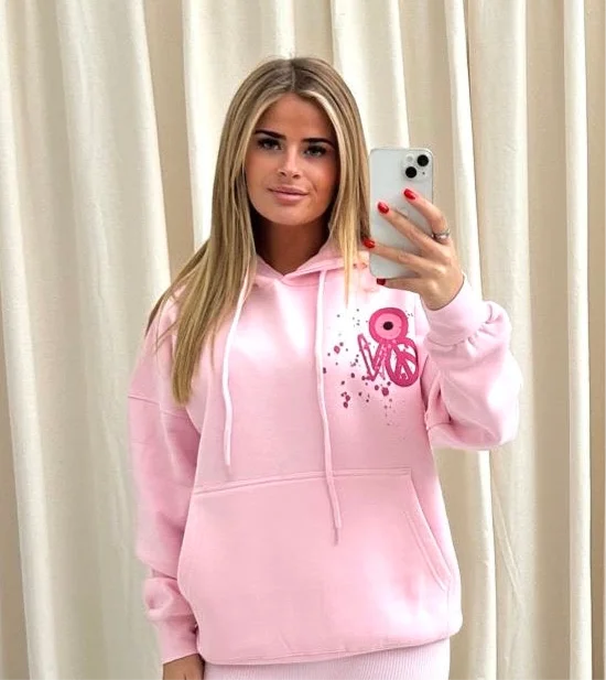 Exquisite Embroidery Pink Evil Eye, Peace, Heart Graffiti Hoodie Pink