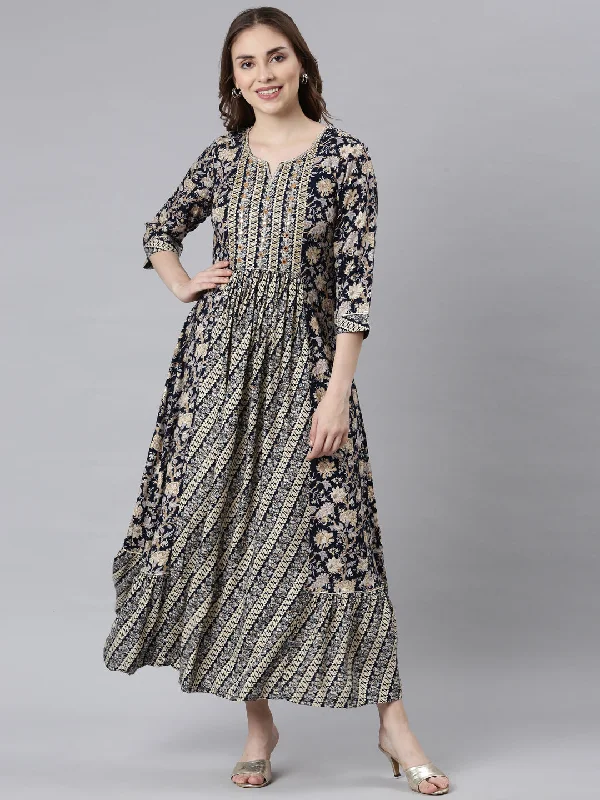 Classic Items Neerus Navy Blue Flared Casual Ethnic Motifs Maxi Dresses