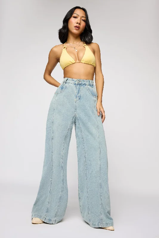 Street Sports Style Dew Blue Denim Flared Korean Pants
