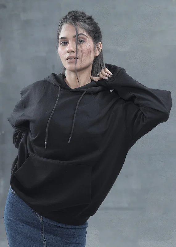 Comfort Fit Solid Black Women Drop Shoulder Premium Terry Hoodie | Pronk