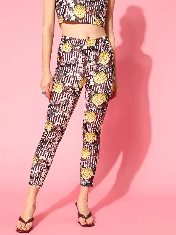 Sports Jumpsuit Women Brown Stripe Floral Leggings