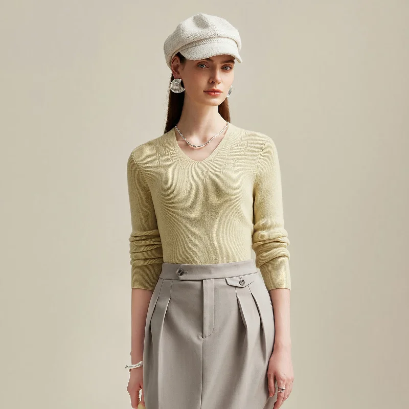 Creative Prints 100% Cashmere Elegant Ribbed V-Neck Sweater