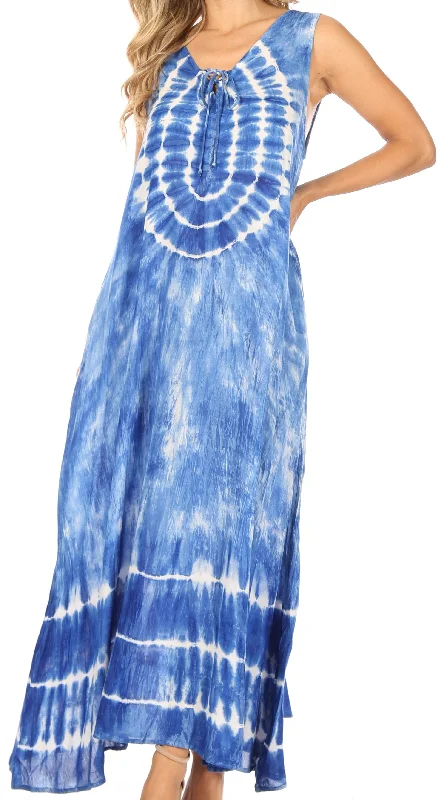 Letter embroidery Sakkas Leonor Women's Maxi Sleeveless Tank Long Print Dress with Pockets and Ties