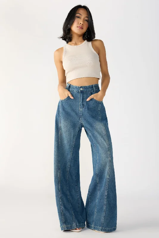 Fashion Concept Navy Blue Denim Flared Korean Pants