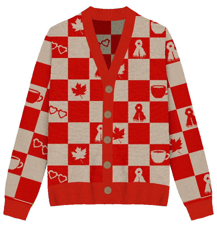 Exquisite Craftsmanship Red Checkered Knit Cardigan