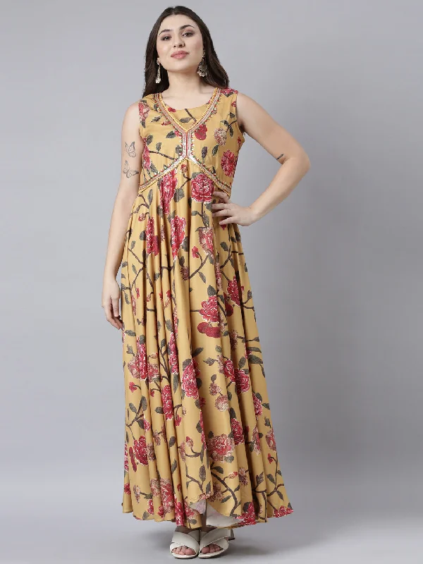 Street Style Neerus Mustard Flared Casual Floral Fit and Flare Dresses