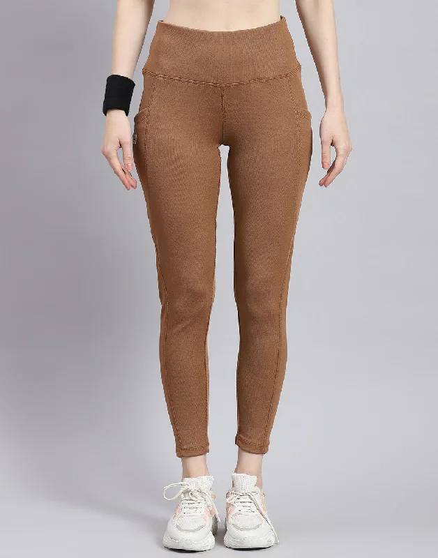 Street Casual Style Women Camel Brown Solid Regular Fit Legging