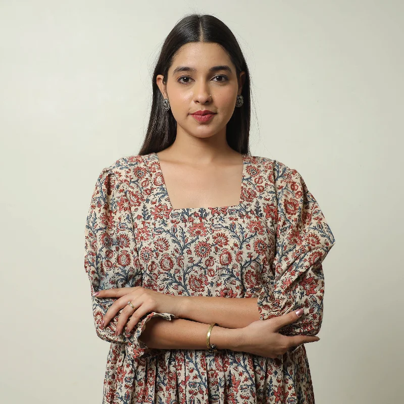 Easygoing Fashion Beige - Pedana Kalamkari Block Printed Cotton Tiered Dress 07